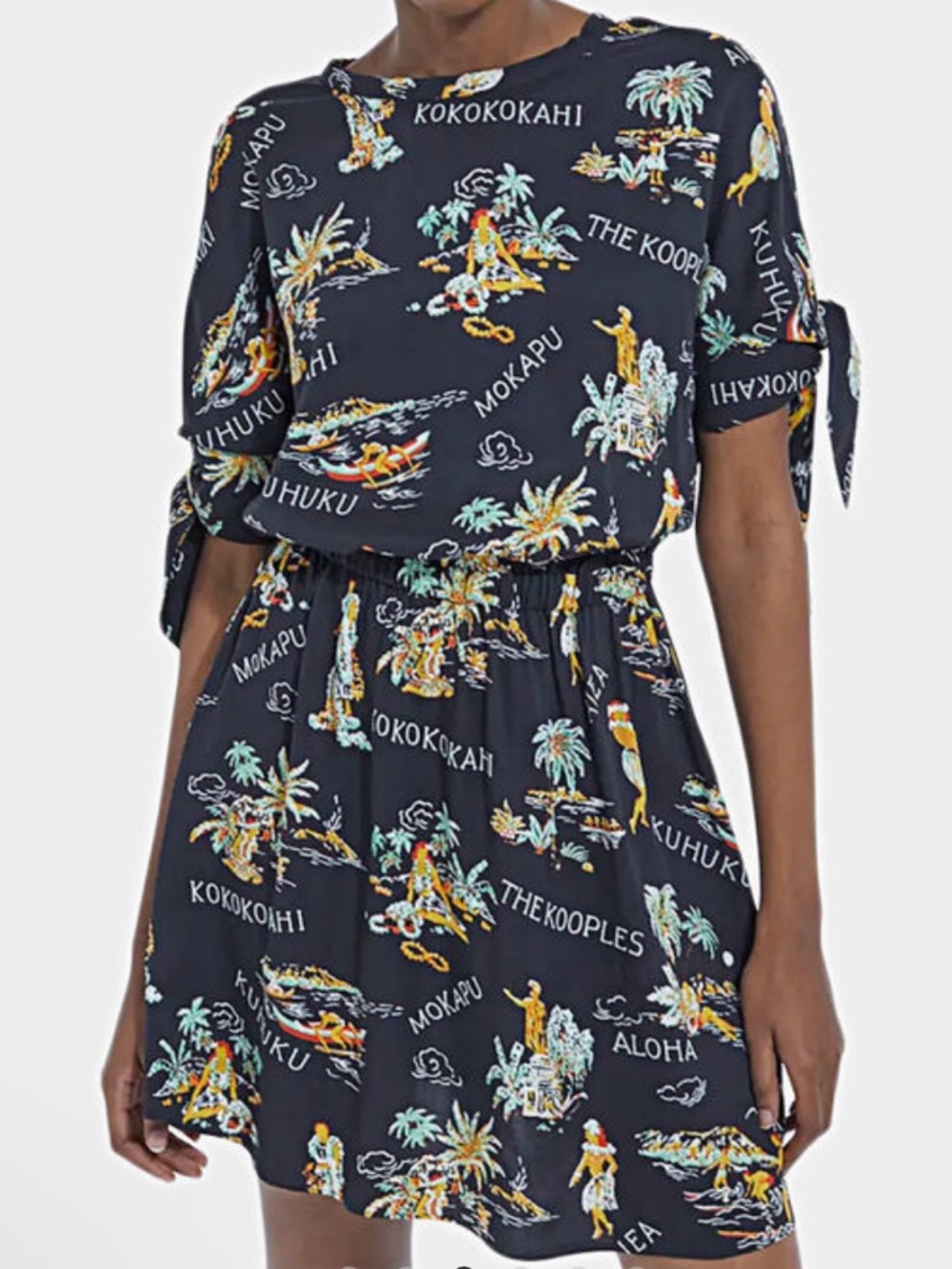 The Kooples Hawaii Black Tropical Print Tie-Sleeve Mini Dress NWT $295